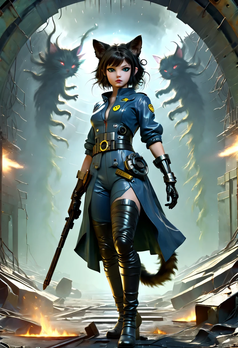 european girls wearing (Vault set with pipboy3000 on your wrist) Standing in a dilapidated and rusty post-apocalyptic steel bunker, Holding a weapon in his right hand, Giant radiation monster in the background, Professional color correction, Professional photography, well drawn, masterpiece, Surrealism, super detailed, high quality, best quality, 4K, 8k, raw, Detailed and realistic eyes, small, 13 years old, Change)) ((Wear long leather gloves that cover all fingers)), , Wearing cat ears, Very detailed, Full of energy,8k ultra high definition