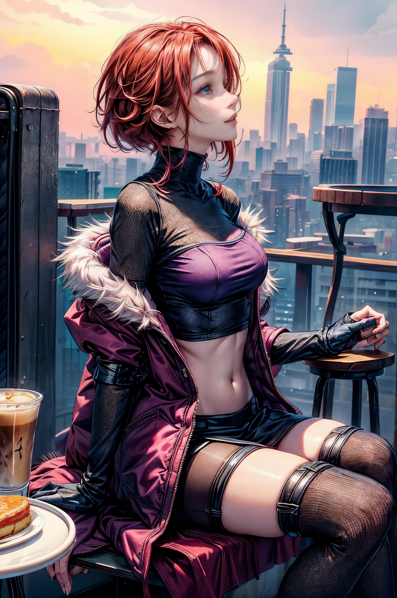 cinematic lighting、highly detailed skin,1 girl, highest quality,cyberpunk,(dim color, soothing tone:1.3),(20 year old beautiful woman、Detailed beautiful facial features、medium bob red hair、blue eyes、slender body、)(Laugh with joy、open your mouth and laugh:1.5)eyes on me、BREAK.Voluminous down jacket with pink fur for winter、Purple knit top with exposed belly button、Pantyhose under rock style tight miniskirt(table with cloth)(sit on a chair、Highly detailed and precise feet:1.3)Cafe in a skyscraper(lots of shortcakes:1.4)