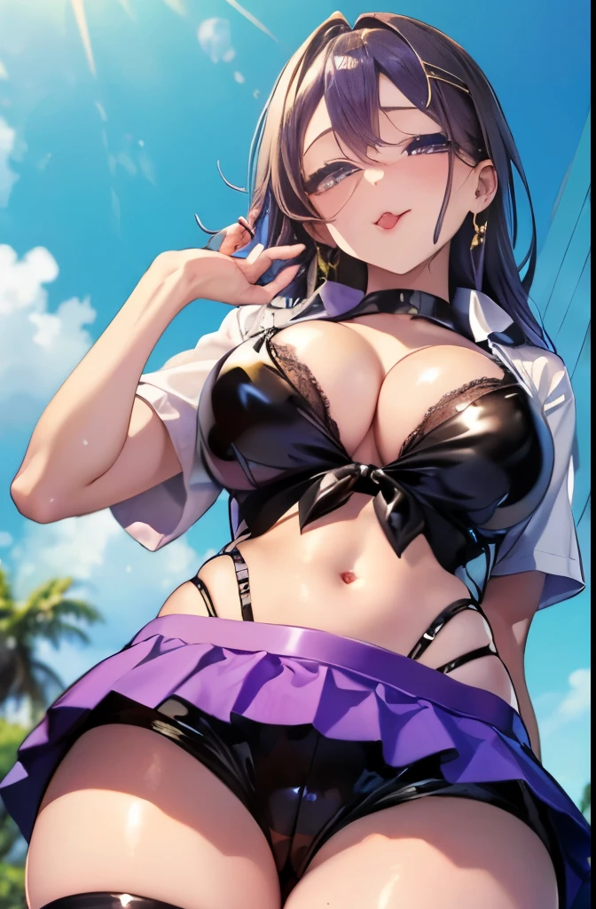 (8K, 超High resolution, highest qualityの傑作, professional detailed wallpaper, Ultimate Highly Detailed Everything), (high school girl:1.8)、((from below:1.2))、standing with legs apart、 cute 1 girl, highest quality、ウルトラ - High resolution、High resolution、Highly detailed CG、8k unit wallpaper、20-year-old、beautiful and fine eyes, (((Black and purple super shiny latex panties)))、((( black skin , tight shirt , cropped shirt , shorts , cleavage ,)))、(shiny body,:1.5)、 please be shy、(Ahegao:1.5)、(Stick out your tongue and drool)、full of embarrassment、