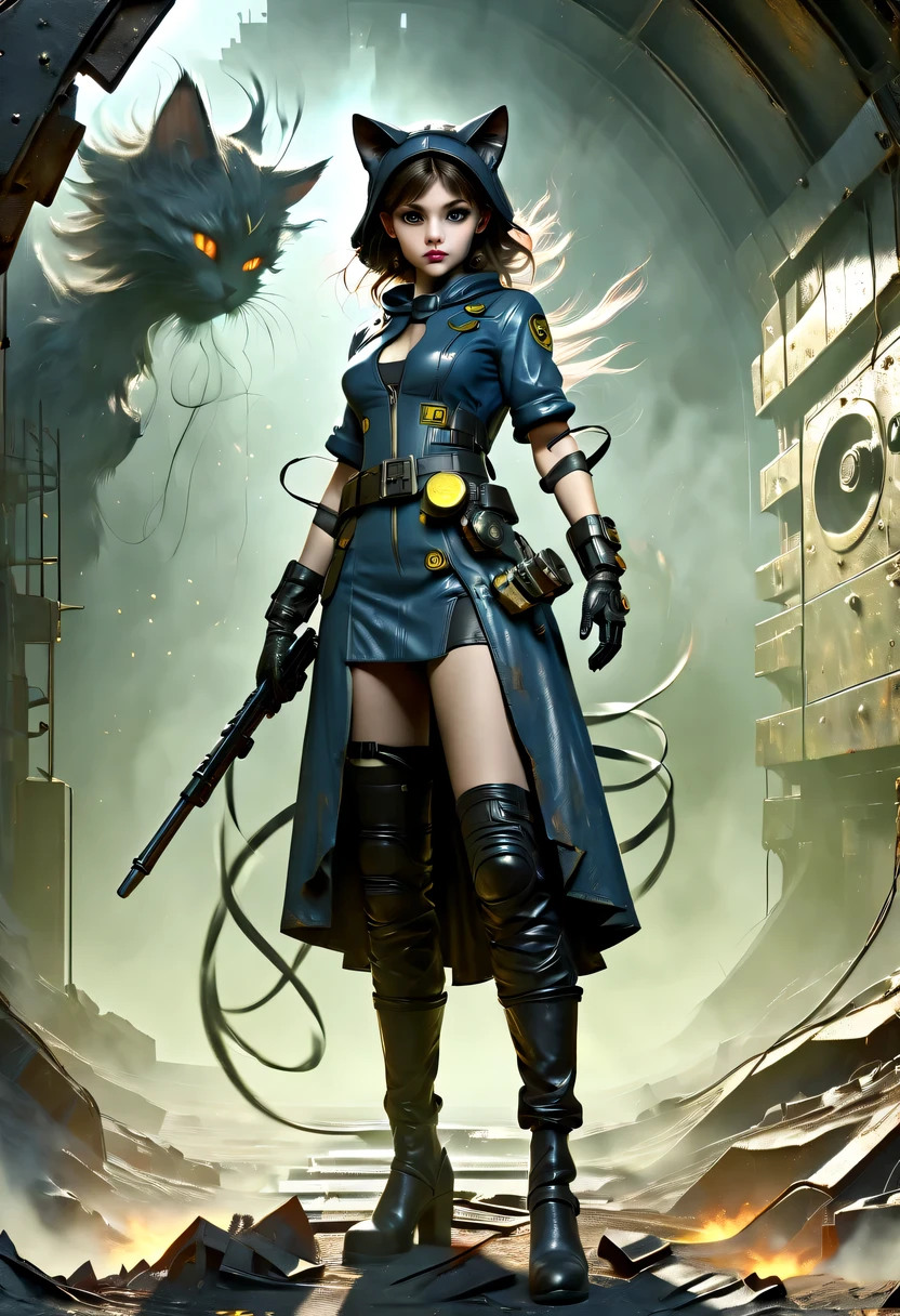 european girls wearing (Vault set with pipboy3000 on your wrist) Standing in a dilapidated and rusty post-apocalyptic steel bunker, Holding a weapon in his right hand, Giant radiation monster in the background, Professional color correction, Professional photography, well drawn, masterpiece, Surrealism, super detailed, high quality, best quality, 4K, 8k, raw, Detailed and realistic eyes, small, 13 years old, Change)) ((Wear long leather gloves that cover all fingers)), , Wearing cat ears, Very detailed, Full of energy,8k ultra high definition