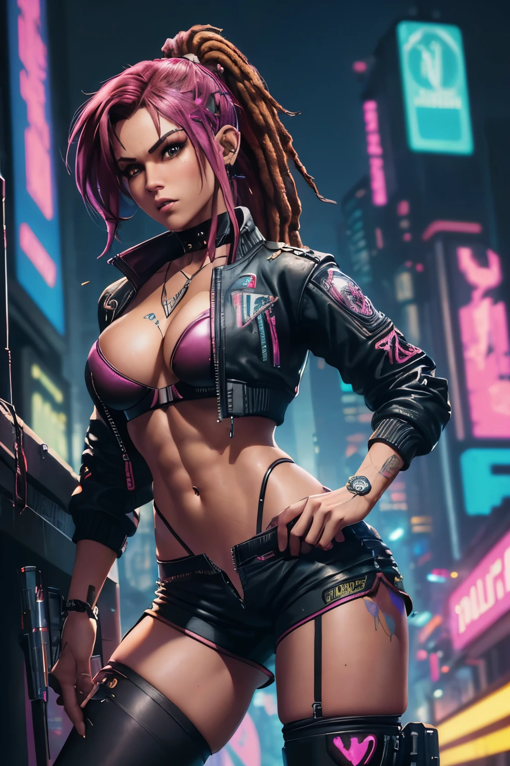 (Cyberpunk2077 art drawn by Todd McFarlane), (Chibi Goblin Girl), (highly detailed:1.2), (short dreadlock ponytail:1.2), (fit, abs), (detailed face and eyes:1.2), (cropped jacket:1.2), (large breasts:1.2), (stockings:1.2), (punk boots:1.1), in front of a club, (unzipped shorts:1.3), (busty), (deep cleavage), (breasts bulging:1.3), (cameltoe:1.2).