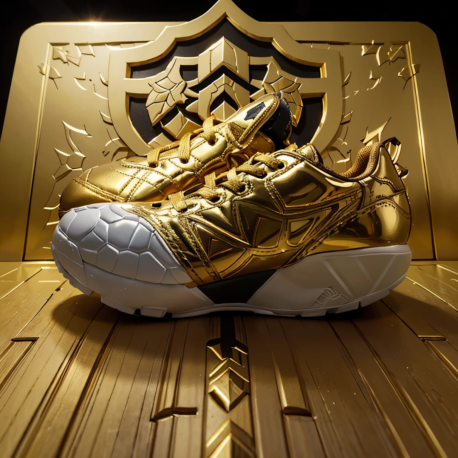 a close up of a soccer boot with a golden shoe on it, game icon stylized, highly detailed. realistic award, 3 d icon for mobile game, gold soccer shorts, shield design, realistic gold, “ golden cup, shield emblem, fantasy shield, game icon asset, soccer, in style of kyrill kotashev, gold, detailed game art illustration