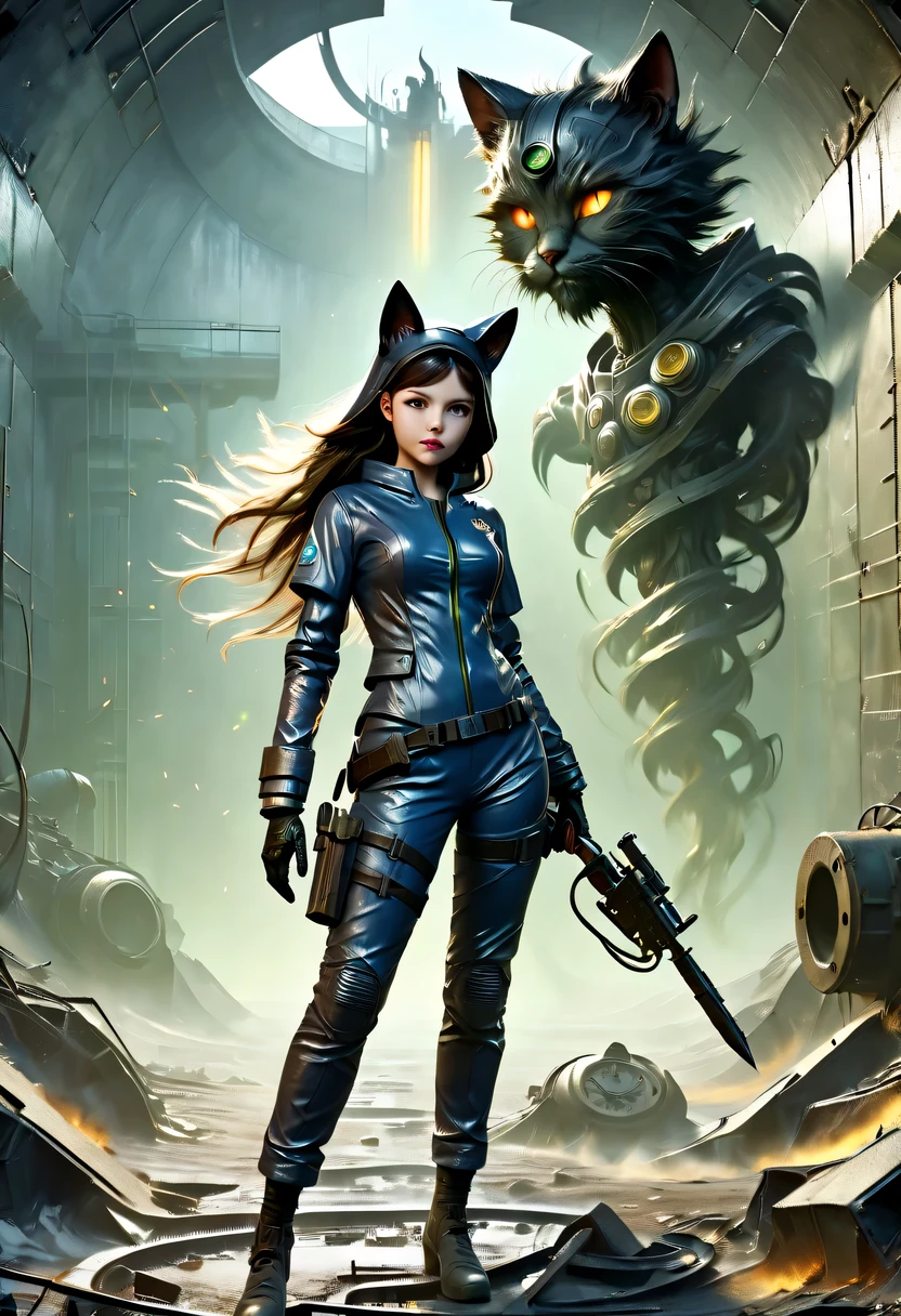 european girls wearing (Vault set with pipboy3000 on your wrist) Standing in a dilapidated and rusty post-apocalyptic steel bunker, Holding a weapon in his right hand, Giant radiation monster in the background, Professional color correction, Professional photography, well drawn, masterpiece, Surrealism, super detailed, high quality, best quality, 4K, 8k, raw, Detailed and realistic eyes, small, 13 years old, Change)) ((Wear long leather gloves that cover all fingers)), , Wearing cat ears, Very detailed, Full of energy,8k ultra high definition