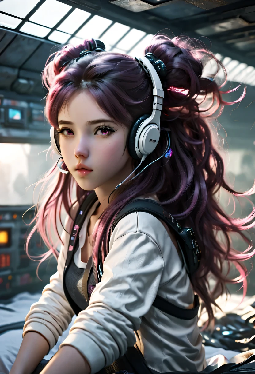 white girls, sitting on bed, In a cyberpunk steel bunker with hatches and more., In the background. She wears white headphones. She has a double ponytail hairstyle. girl, Slim and petite, little girltiful . masterpiece, 8k, 4K, high resolution, SLR camera, Super quality, sharp focus, Thank you sharp, Every time, film grain, 富士XT3, crystal clear, 8k ultra high definition, beautiful eyes,Pupil dilation, High detail skin, skin pores, Tempting, look, Charming lady with beautiful long hair, plump lips, long legs, Cute face wearing torn vault clothes. , actual colors, actual, photoactual