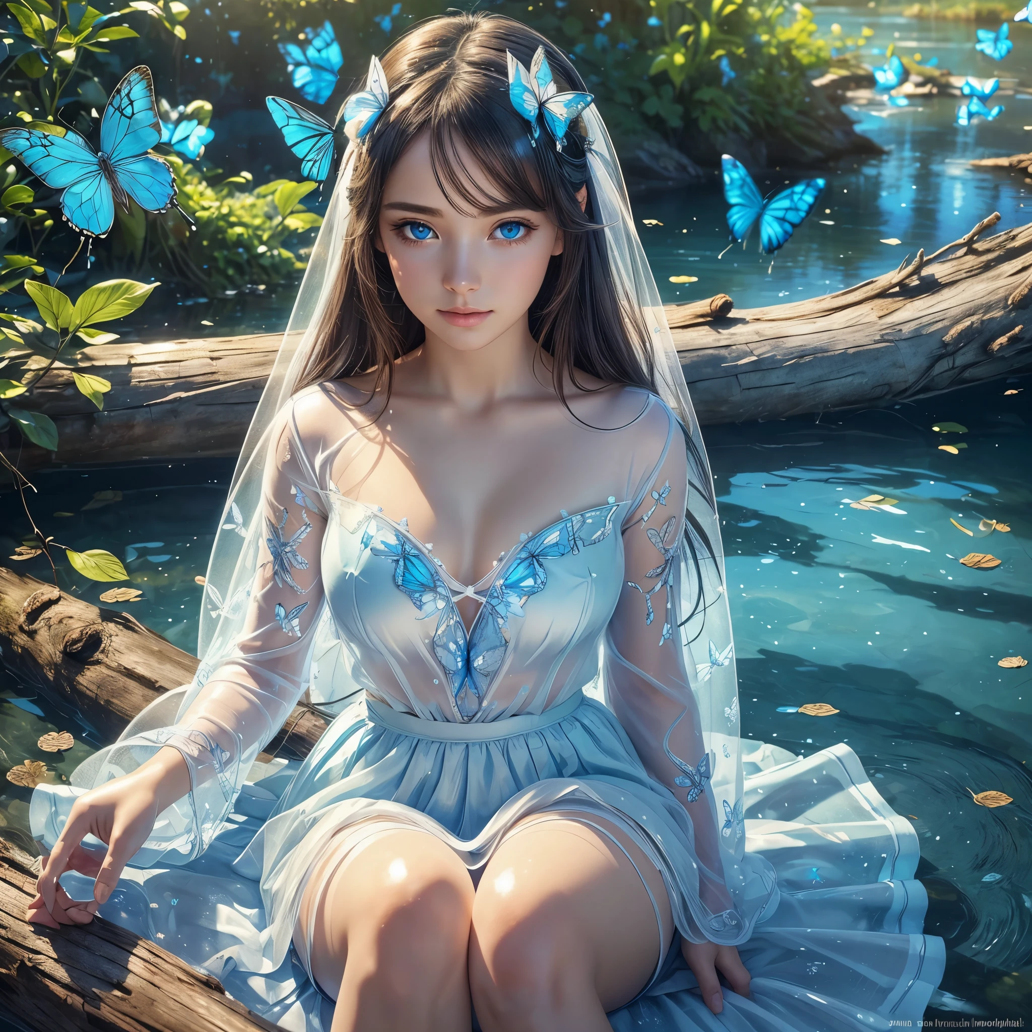 (best quality,ultra-detailed),(realistic:1.37),transparent water,blue butterfly,beautiful detailed eyes,beautiful detailed lips,sparkling,airy,ethereal,soft sunlight,calm,serene,white gauze skirt,vivid colors, sitting on a log