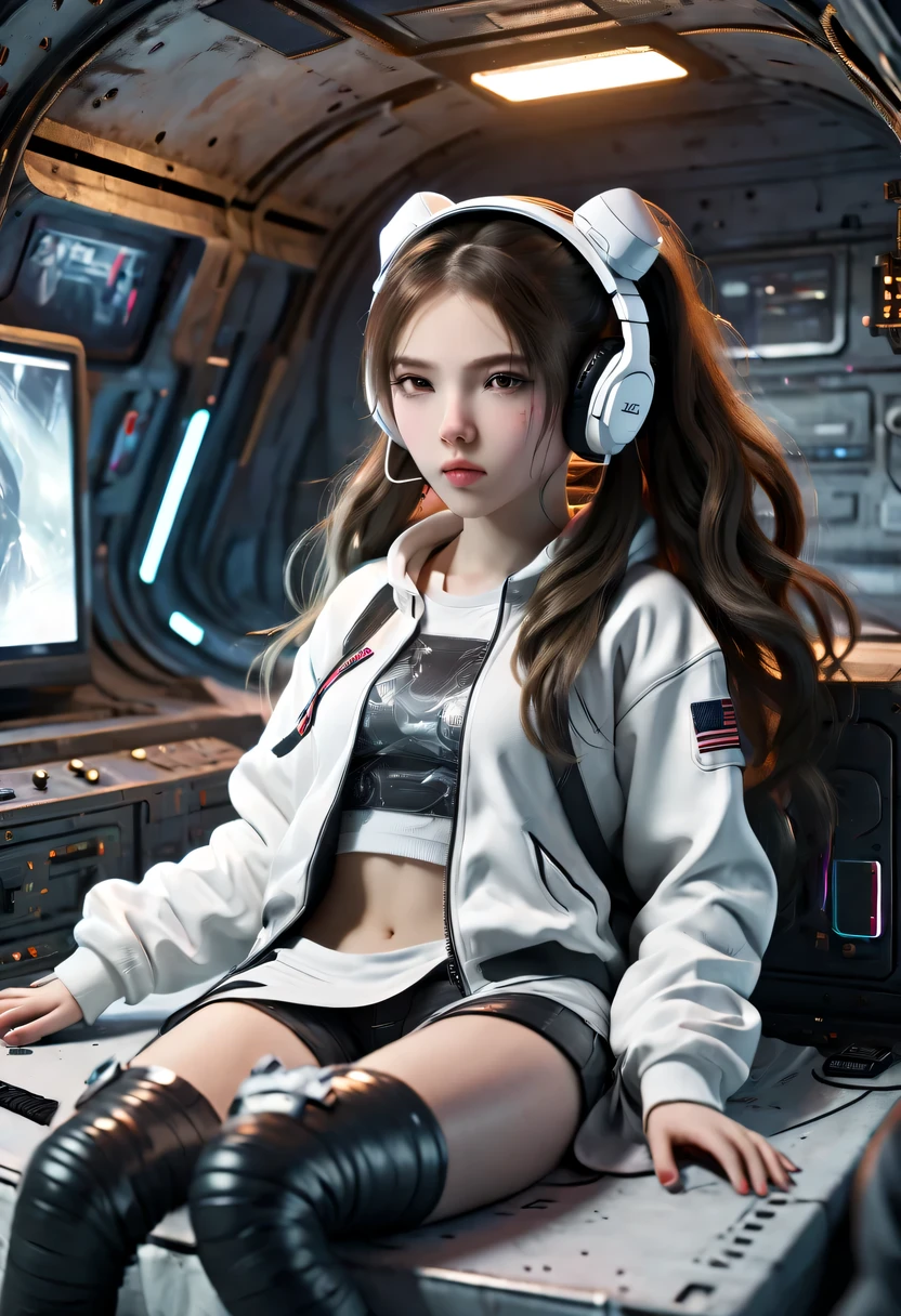 white girls, sitting on bed, In a cyberpunk steel bunker with hatches and more., In the background. She wears white headphones. She has a double ponytail hairstyle. 16 year old girl, Slim and petite, little girl, beautiful . masterpiece, 8k, 4K, high resolution, SLR camera, Super quality, sharp focus, Thank you sharp, Every time, film grain, 富士XT3, crystal clear, 8k ultra high definition, beautiful eyes，Pupil dilation, High detail skin, skin pores, Tempting, look, Charming lady with beautiful long hair, plump lips, long legs, Cute face wearing torn vault clothes. , actual colors, actual, photoactual