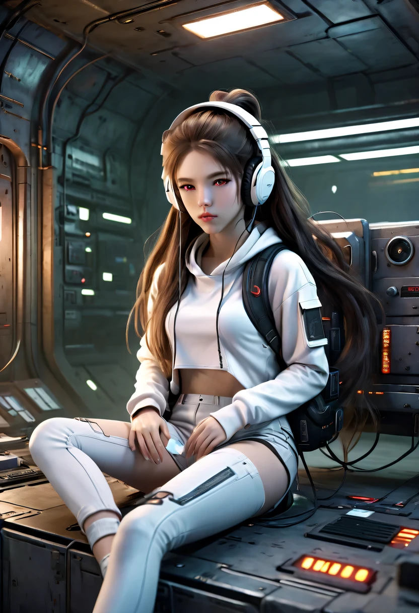 white girls, sitting on bed, In a cyberpunk steel bunker with hatches and more., In the background. She wears white headphones. She has a double ponytail hairstyle. 16 year old girl, Slim and petite, , beautiful . masterpiece, 8k, 4K, high resolution, SLR camera, Super quality, sharp focus, Thank you sharp, Every time, film grain, 富士XT3, crystal clear, 8k ultra high definition, beautiful eyes,Pupil dilation, High detail skin, skin pores, Tempting, look, Charming lady with beautiful long hair, plump lips, long legs, Cute face wearing torn vault clothes. , actual colors, actual, photoactual