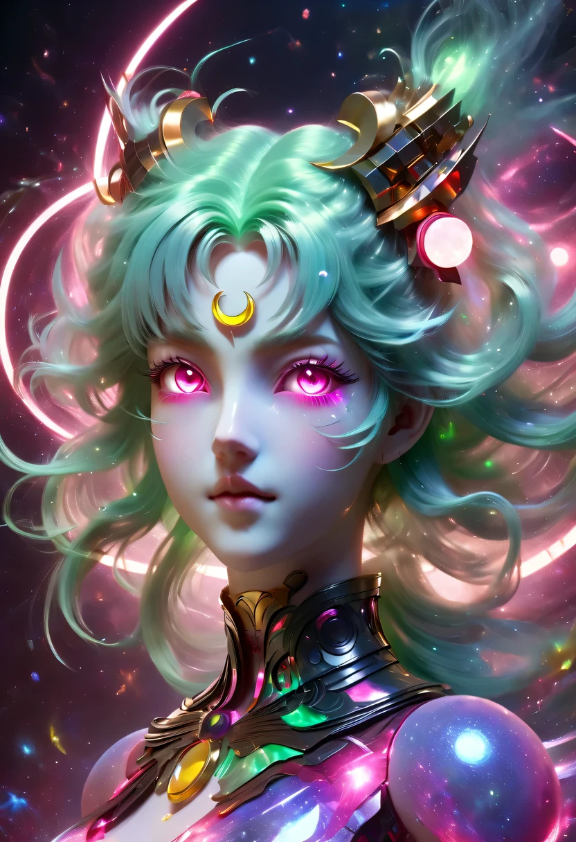 two-dimensional,A super cute &Quote;Sailor Moon&Quote;(Sailor Moon),mini pictures,Beautiful slim girl in anime style,cyberpunk,Steampunk,fault art,Holographic projection,mechanical aesthetics,Ancient,neon lights,laser light,fluorescence,space light,glow effect,Hermaphrodite Lighting,rainbow foil,Unreal Engine,Deep hybrid minimalism/极繁two-dimensional点画风格,Realistic oil painting/watercolor style,Cute and happy expression,Holographic specimen with layered shading,Hazy ruby and opal kaleidoscope on onyx background,Diffuse ionosphere,Vibrant iridescent contrasting colors,inspired by Edgar Degas、Vermeer、a lot of、莫奈等大师的masterpiece,neon lights复合体、money、uranium、Tin magnet layer details。HD clarity,masterpiece,Extra large round monochrome eyes,whole body,Big head doll,Front view,cute aesthetic,rich background,Rich in details。