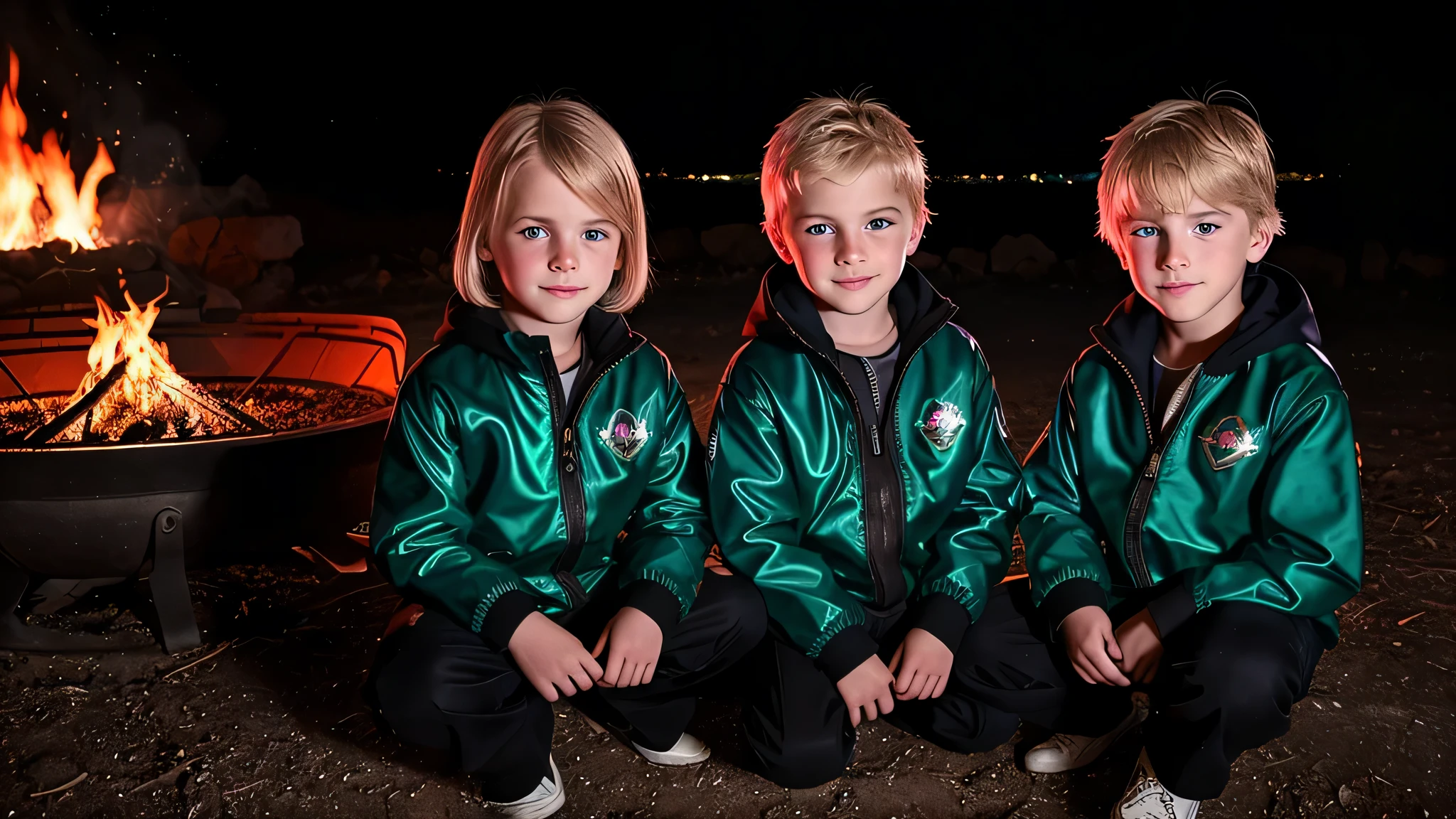 3 s loiros COM CABELO LISO, jaqueta de couro preta e roupa PORTRAIT , the flames are glowing in the dark with a GREEN fire reflection, chamas de fogo, chamas ao fundo, fogo e chamas, chamas ao fundo.
