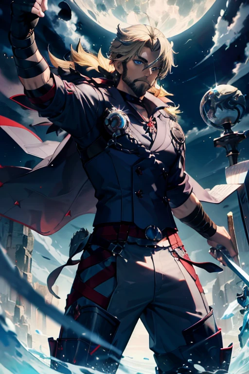 A  muscular blonde haired male viking with blue eyes with long hair and a dark beard is holding a sword up to the sky. 