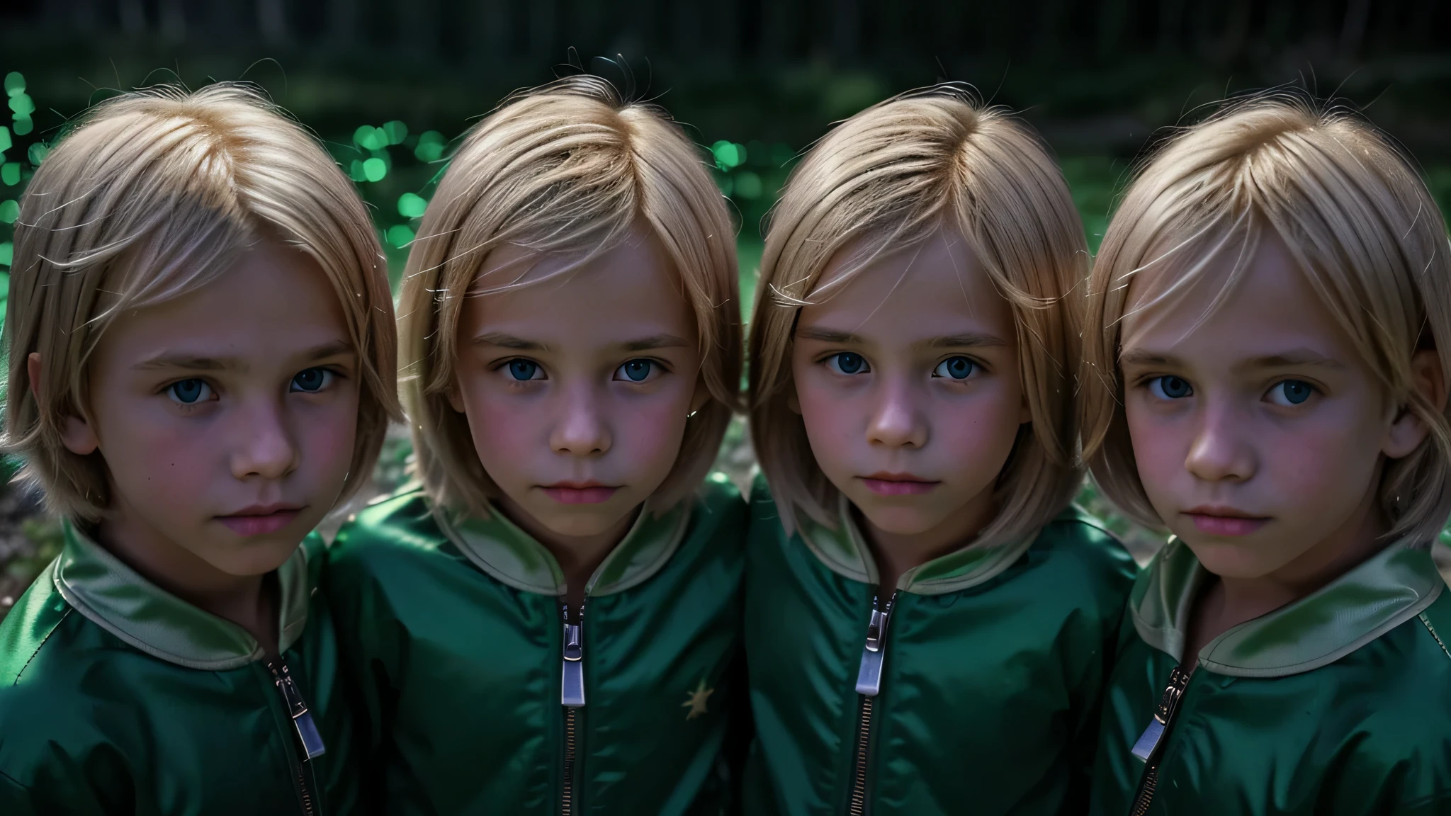 3 s loiros COM CABELO LISO, jaqueta de couro preta e roupa PORTRAIT , the flames are glowing in the dark with a GREEN fire reflection, chamas de fogo, chamas ao fundo, fogo e chamas, chamas ao fundo.
