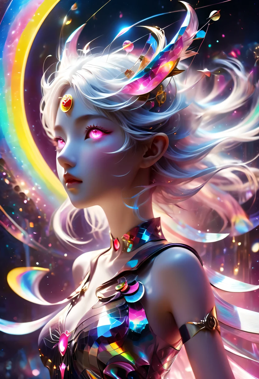 two-dimensional，A super cute &Quote;Sailor Moon&Quote;（Sailor Moon），mini pictures，Beautiful slim girl in anime style，cyberpunk，Steampunk，fault art，Holographic projection，mechanical aesthetics，Ancient，neon lights，laser light，fluorescence，space light，glow effect，Hermaphrodite Lighting，rainbow foil，Unreal Engine，Deep hybrid minimalism/极繁two-dimensional点画风格，Realistic oil painting/watercolor style，Cute and happy expression，Holographic specimen with layered shading，Hazy ruby and opal kaleidoscope on onyx background，Diffuse ionosphere，Vibrant iridescent contrasting colors，inspired by Edgar Degas、Vermeer、a lot of、莫奈等大师的masterpiece，neon lights复合体、money、uranium、Tin magnet layer details。HD clarity，masterpiece，Extra large round monochrome eyes，whole body，Big head doll，Front view，cute aesthetic，rich background，Rich in details。