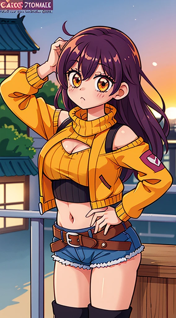 (masterpiece), high-definition, vibrant colors, korean girl, big boobs, big hips, messy dark purple hair, orange eyes, crop top sweater, jacket, shorts, belt, thong, thigh high stockings, boots, fishnet, balcony, leaning on the railing, sunset
