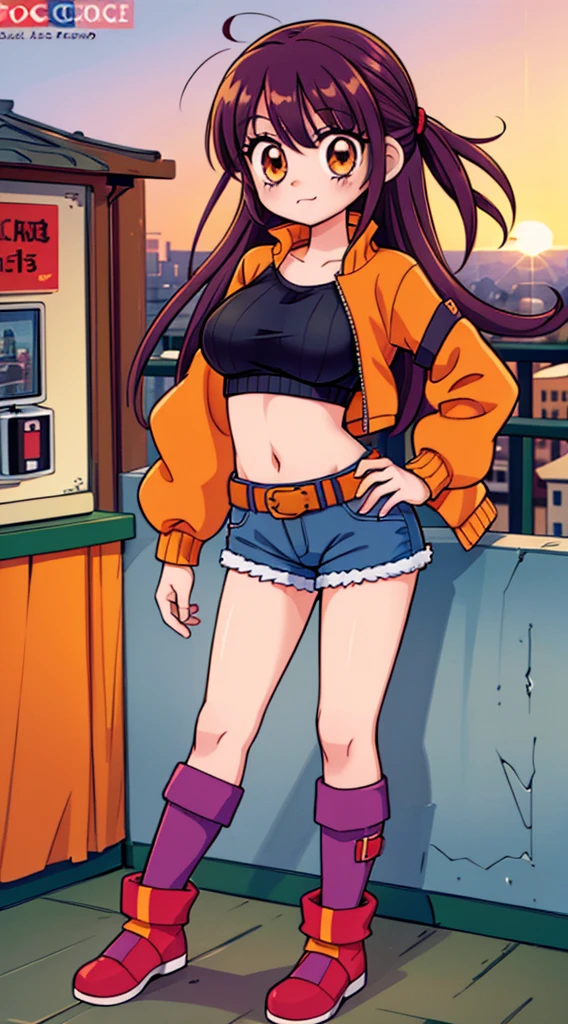 (masterpiece), high-definition, vibrant colors, korean girl, big boobs, big hips, messy dark purple hair, orange eyes, crop top sweater, jacket, shorts, belt, thong, thigh high stockings, boots, fishnet, balcony, leaning on the railing, sunset