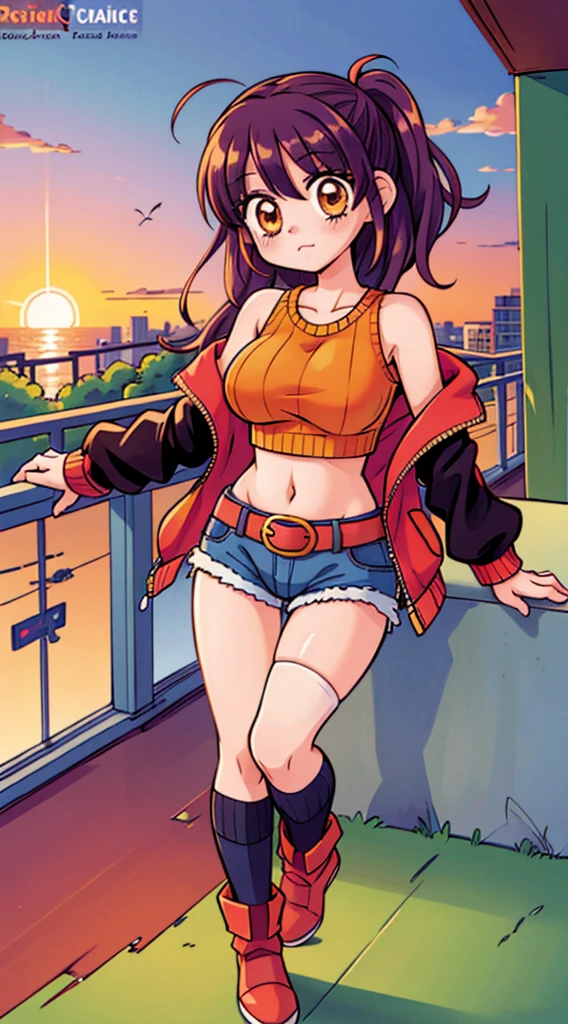 (masterpiece), high-definition, vibrant colors, korean girl, big boobs, big hips, messy dark purple hair, orange eyes, crop top sweater, jacket, shorts, belt, thong, thigh high stockings, boots, fishnet, balcony, leaning on the railing, sunset