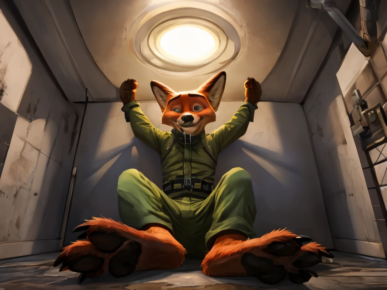 In a dark and eerie asylum, a hypnotized Nick Wilde sits imprisoned in a padded cell, legs stretched out in front of him, his bare feet and detailed paws with pawpads and short claws visible as he struggles against the confines of a black straitjacket. A gag in his mouth silences his cries for help as he looks up, his eyes full of green hypnotic light. The only sound in the room is the soft rustling of his long hospital pants as he tries to break free.