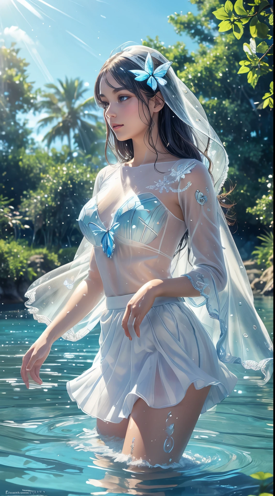 (best quality,ultra-detailed),(realistic:1.37),transparent water,blue butterfly,beautiful detailed eyes,beautiful detailed lips,sparkling,airy,ethereal,soft sunlight,calm,serene,white gauze skirt,vivid colors, standing in the water, splashing the water with her hands