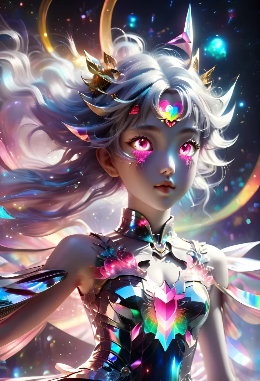 two-dimensional,A super cute &Quote;Sailor Moon&Quote;(Sailor Moon),mini pictures,Beautiful slim girl in anime style,cyberpunk,Steampunk,fault art,Holographic projection,mechanical aesthetics,Ancient,neon lights,laser light,fluorescence,space light,glow effect,Hermaphrodite Lighting,rainbow foil,Unreal Engine,Deep hybrid minimalism/极繁two-dimensional点画风格,Realistic oil painting/watercolor style,Cute and happy expression,Holographic specimen with layered shading,Hazy ruby and opal kaleidoscope on onyx background,Diffuse ionosphere,Vibrant iridescent contrasting colors,inspired by Edgar Degas、Vermeer、a lot of、莫奈等大师的masterpiece,neon lights复合体、money、uranium、Tin magnet layer details。HD clarity,masterpiece,Extra large round monochrome eyes,whole body,Big head doll,Front view,cute aesthetic,rich background,Rich in details。
