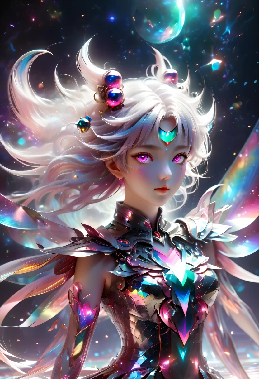 two-dimensional,A super cute &Quote;Sailor Moon&Quote;(Sailor Moon),mini pictures,Beautiful slim girl in anime style,cyberpunk,Steampunk,fault art,Holographic projection,mechanical aesthetics,Ancient,neon lights,laser light,fluorescence,space light,glow effect,Hermaphrodite Lighting,rainbow foil,Unreal Engine,Deep hybrid minimalism/极繁two-dimensional点画风格,Realistic oil painting/watercolor style,Cute and happy expression,Holographic specimen with layered shading,Hazy ruby and opal kaleidoscope on onyx background,Diffuse ionosphere,Vibrant iridescent contrasting colors,inspired by Edgar Degas、Vermeer、a lot of、莫奈等大师的masterpiece,neon lights复合体、money、uranium、Tin magnet layer details。HD clarity,masterpiece,Extra large round monochrome eyes,whole body,Big head doll,Front view,cute aesthetic,rich background,Rich in details。