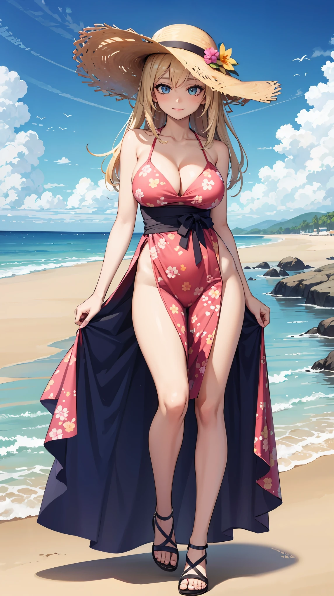 8k, uhd, masterpiece, 1 woman, age 25, Beautiful, bimbo, pink floral printed Sundress, cute, sandals, large breasts, thin waist, thin arms, thin legs, wide hips, beach, long legs, mature:1.4, platinum blonde hair, windy, sunhat