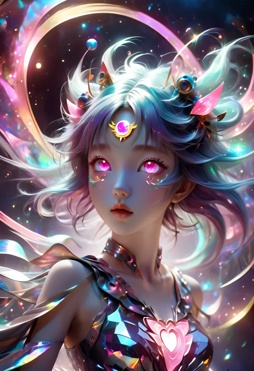 two-dimensional,A super cute &Quote;Sailor Moon&Quote;(Sailor Moon),mini pictures,Beautiful slim girl in anime style,cyberpunk,Steampunk,fault art,Holographic projection,mechanical aesthetics,Ancient,neon lights,laser light,fluorescence,space light,glow effect,Hermaphrodite Lighting,rainbow foil,Unreal Engine,Deep hybrid minimalism/极繁two-dimensional点画风格,Realistic oil painting/watercolor style,Cute and happy expression,Holographic specimen with layered shading,Hazy ruby and opal kaleidoscope on onyx background,Diffuse ionosphere,Vibrant iridescent contrasting colors,inspired by Edgar Degas、Vermeer、a lot of、莫奈等大师的masterpiece,neon lights复合体、money、uranium、Tin magnet layer details。HD clarity,masterpiece,Extra large round monochrome eyes,whole body,Big head doll,Front view,cute aesthetic,rich background,Rich in details。