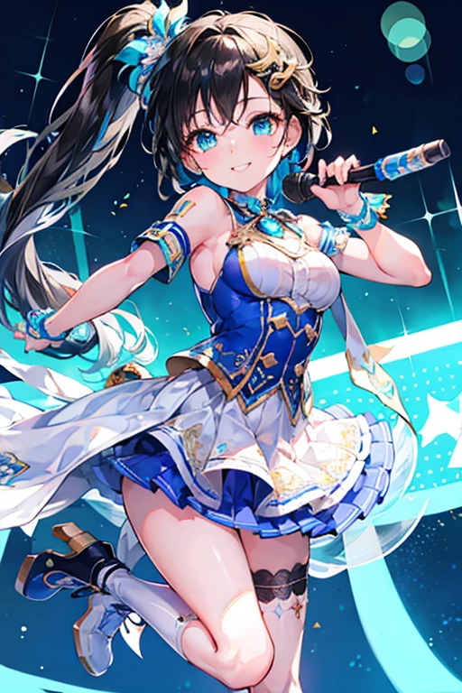 Tazune rirei, 8k, ultra-detailed, Masterpiece, best quality, aqua eyes, black hair, side ponytail, (idol uniform:1.5), boots, microphone, (dynamic pose:1.2), smile, 1girl, solo, portrait, bokeh