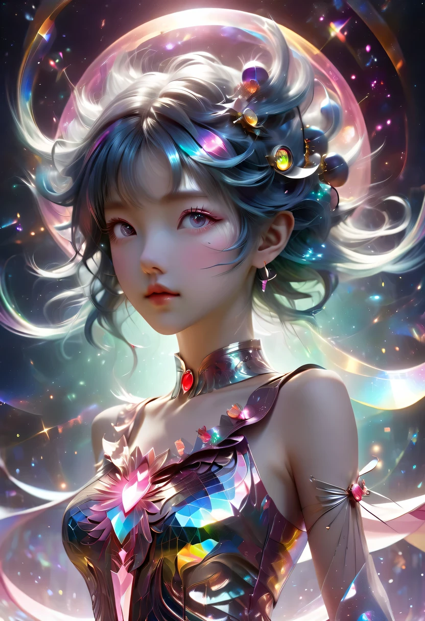 two-dimensional,A super cute &Quote;Sailor Moon&Quote;(Sailor Moon),mini pictures,Beautiful slim girl in anime style,cyberpunk,Steampunk,fault art,Holographic projection,mechanical aesthetics,Ancient,neon lights,laser light,fluorescence,space light,glow effect,Hermaphrodite Lighting,rainbow foil,Unreal Engine,Deep hybrid minimalism/极繁two-dimensional点画风格,Realistic oil painting/watercolor style,Cute and happy expression,Holographic specimen with layered shading,Hazy ruby and opal kaleidoscope on onyx background,Diffuse ionosphere,Vibrant iridescent contrasting colors,inspired by Edgar Degas、Vermeer、a lot of、莫奈等大师的masterpiece,neon lights复合体、money、uranium、Tin magnet layer details。HD clarity,masterpiece,Extra large round monochrome eyes,whole body,Big head doll,Front view,cute aesthetic,rich background,Rich in details。