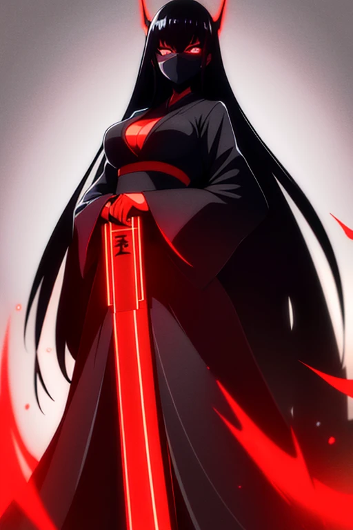 japanese spirit woman, dark and sinister aura, long black, grey dress black dress, red glowing eyes, masked
