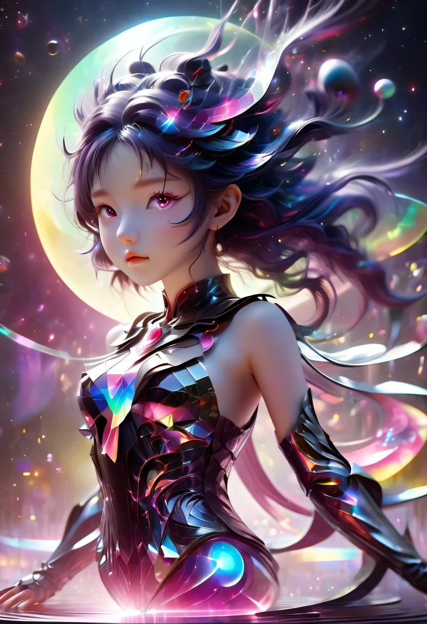 two-dimensional,A super cute &Quote;Sailor Moon&Quote;(Sailor Moon),mini pictures,Beautiful slim girl in anime style,cyberpunk,Steampunk,fault art,Holographic projection,mechanical aesthetics,Ancient,neon lights,laser light,fluorescence,space light,glow effect,Hermaphrodite Lighting,rainbow foil,Unreal Engine,Deep hybrid minimalism/极繁two-dimensional点画风格,Realistic oil painting/watercolor style,Cute and happy expression,Holographic specimen with layered shading,Hazy ruby and opal kaleidoscope on onyx background,Diffuse ionosphere,Vibrant iridescent contrasting colors,inspired by Edgar Degas、Vermeer、a lot of、莫奈等大师的masterpiece,neon lights复合体、money、uranium、Tin magnet layer details。HD clarity,masterpiece,Extra large round monochrome eyes,whole body,Big head doll,Front view,cute aesthetic,rich background,Rich in details。