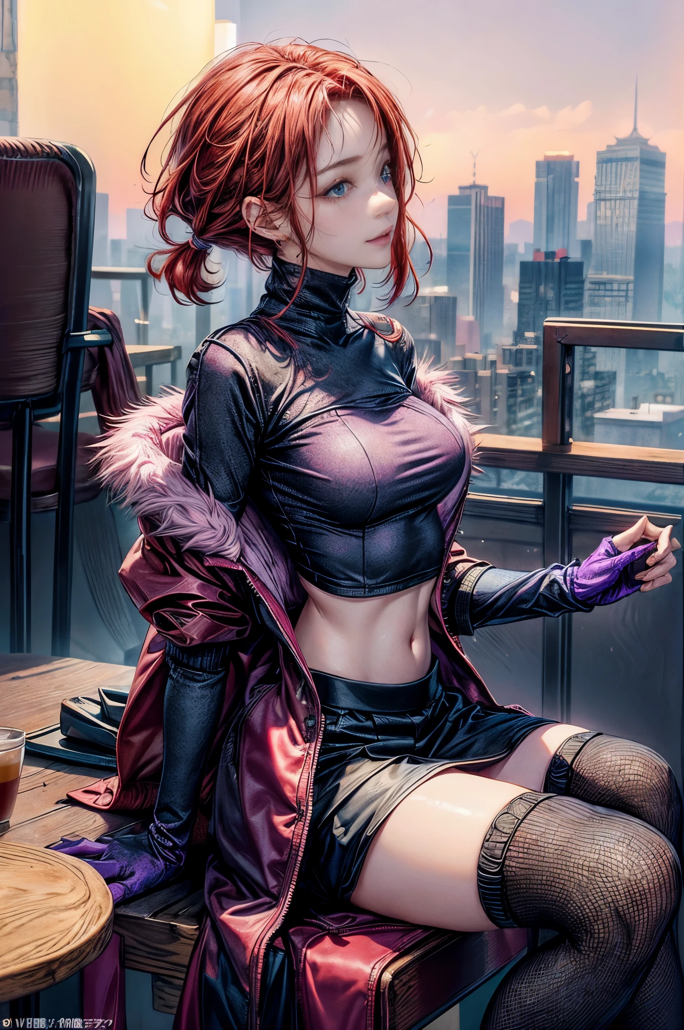 cinematic lighting、highly detailed skin,1 girl, highest quality,cyberpunk,(dim color, soothing tone:1.3),(20 year old beautiful woman、Detailed beautiful facial features、profile、medium bob red hair、blue eyes、slender body、smile:1.3)eyes on me、BREAK.Voluminous down jacket with pink fur for winter、Purple knit top with exposed belly button、Pantyhose under rock style tight miniskirt(iron table)(sit on a chair、hot coffee on hand:1.3)morning、早morning、仕事のmorning、Eating morning toast at a cafe in a skyscraper