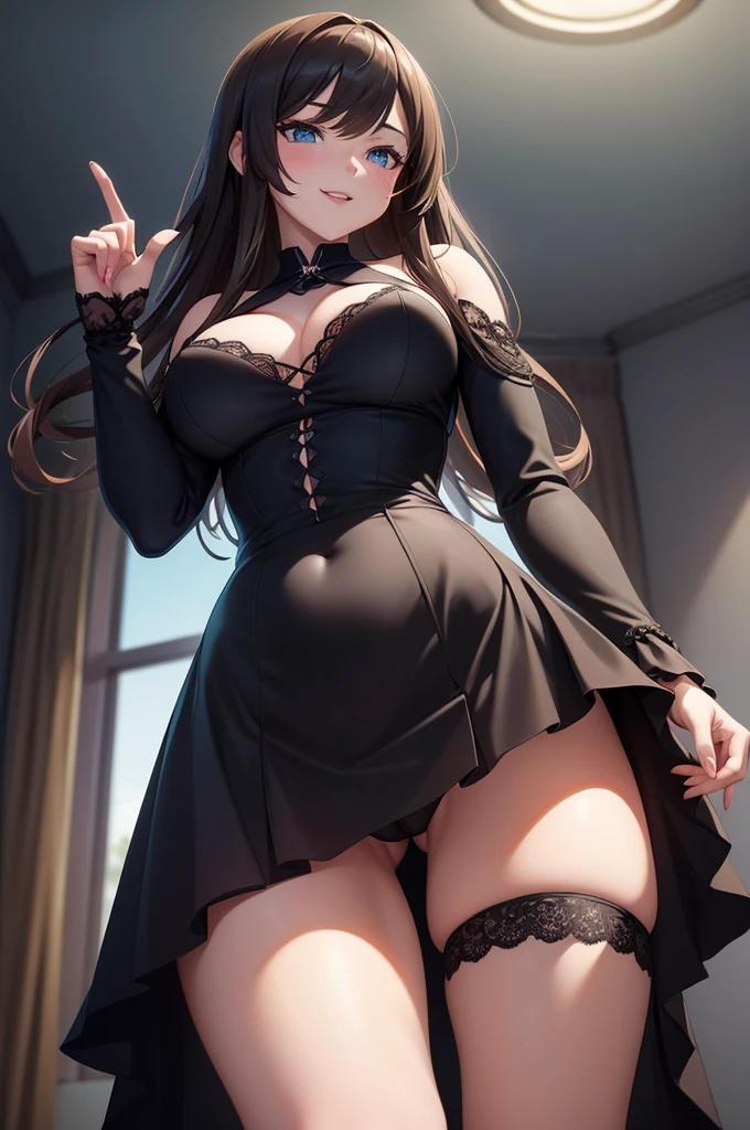 one Rebecca wearing black lingerie, long brown hair, blue eyes, sexy hourglass figure, holding up an L with her thumb and index finger, laughing sadistically, view from below her, [ 4 k digital art ]!!, seductive anime girl, deviantart artstation cgscosiety, trending on cgstation, 8k high quality detailed art, photorealistic anime girl render, kawaii hq render, commission for high res, thicc