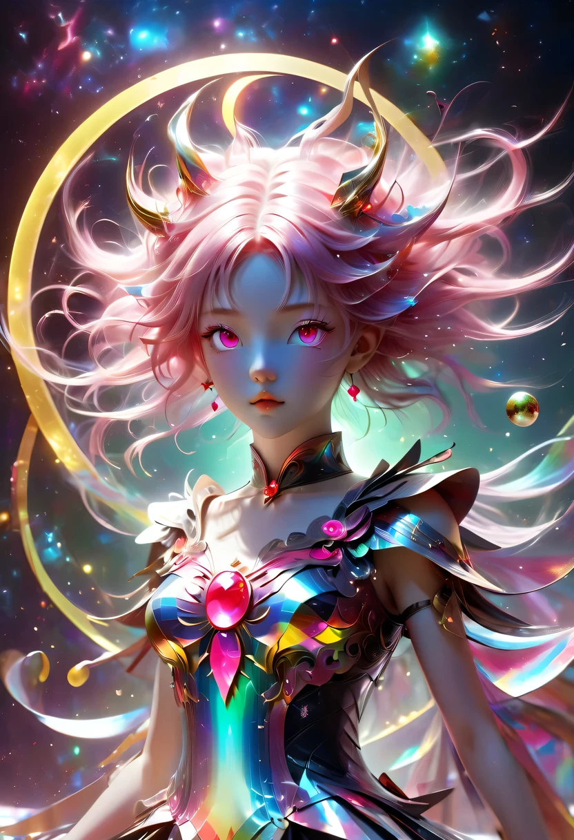 two-dimensional,A super cute &Quote;Sailor Moon&Quote;(Sailor Moon),mini pictures,Beautiful slim girl in anime style,cyberpunk,Steampunk,fault art,Holographic projection,mechanical aesthetics,Ancient,neon lights,laser light,fluorescence,space light,glow effect,Hermaphrodite Lighting,rainbow foil,Unreal Engine,Deep hybrid minimalism/极繁two-dimensional点画风格,Realistic oil painting/watercolor style,Cute and happy expression,Holographic specimen with layered shading,Hazy ruby and opal kaleidoscope on onyx background,Diffuse ionosphere,Vibrant iridescent contrasting colors,inspired by Edgar Degas、Vermeer、a lot of、莫奈等大师的masterpiece,neon lights复合体、money、uranium、Tin magnet layer details。HD clarity,masterpiece,Extra large round monochrome eyes,whole body,Big head doll,Front view,cute aesthetic,rich background,Rich in details。