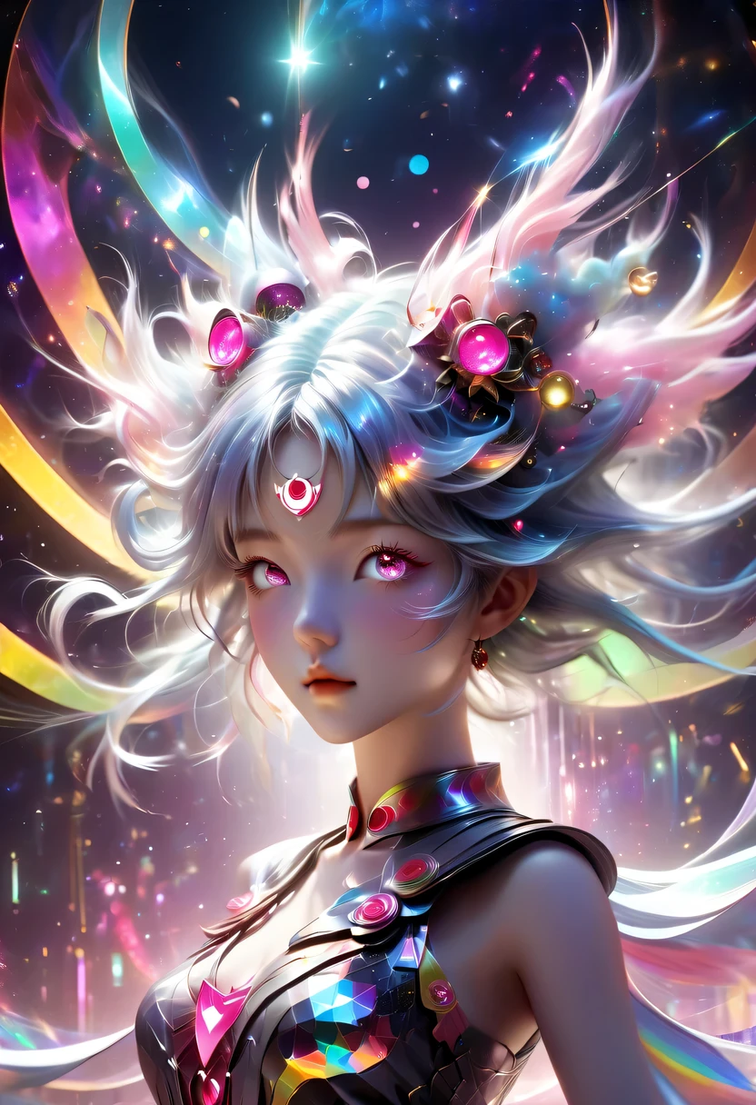two-dimensional,A super cute &Quote;Sailor Moon&Quote;(Sailor Moon),mini pictures,Beautiful slim girl in anime style,cyberpunk,Steampunk,fault art,Holographic projection,mechanical aesthetics,Ancient,neon lights,laser light,fluorescence,space light,glow effect,Hermaphrodite Lighting,rainbow foil,Unreal Engine,Deep hybrid minimalism/极繁two-dimensional点画风格,Realistic oil painting/watercolor style,Cute and happy expression,Holographic specimen with layered shading,Hazy ruby and opal kaleidoscope on onyx background,Diffuse ionosphere,Vibrant iridescent contrasting colors,inspired by Edgar Degas、Vermeer、a lot of、莫奈等大师的masterpiece,neon lights复合体、money、uranium、Tin magnet layer details。HD clarity,masterpiece,Extra large round monochrome eyes,whole body,Big head doll,Front view,cute aesthetic,rich background,Rich in details。