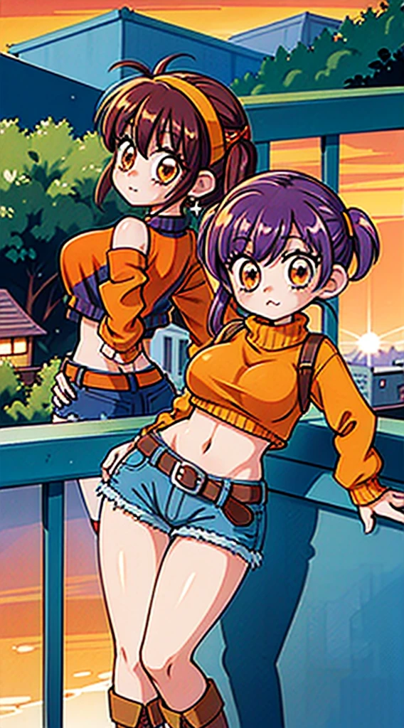 (masterpiece), high-definition, vibrant colors, korean girl, big boobs, big hips, messy dark purple hair, orange eyes, crop top sweater, jacket, shorts, belt, thong, thigh high stockings, boots, fishnet, balcony, leaning on the railing, sunset