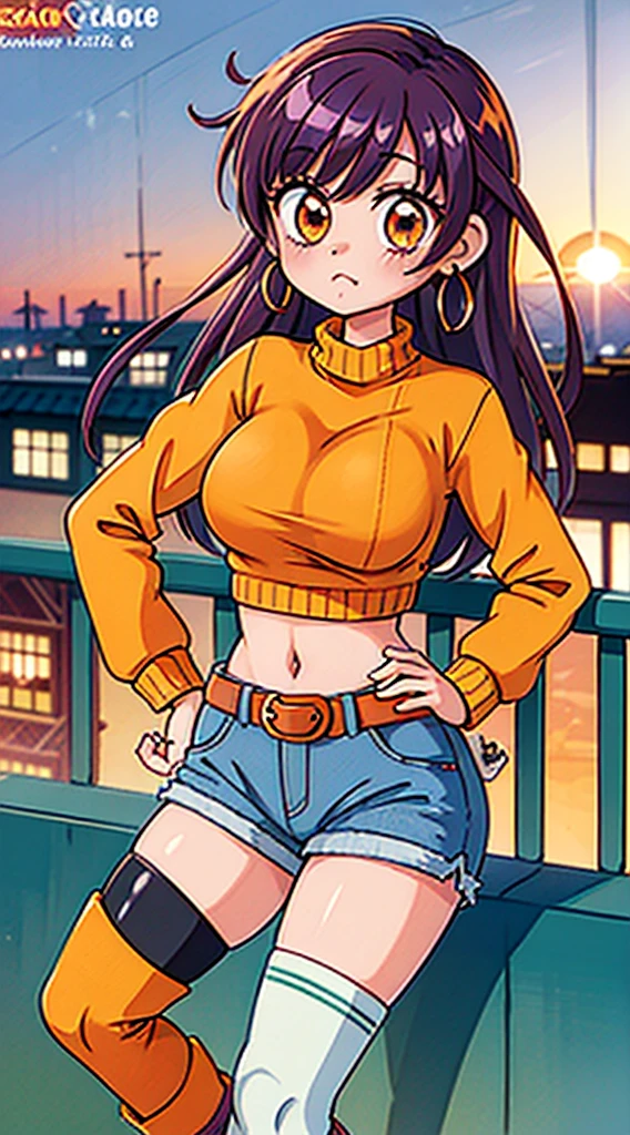 (masterpiece), high-definition, vibrant colors, korean girl, big boobs, big hips, messy dark purple hair, orange eyes, crop top sweater, jacket, shorts, belt, thong, thigh high stockings, boots, fishnet, balcony, leaning on the railing, sunset