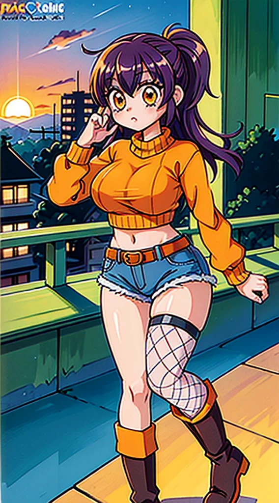 (masterpiece), high-definition, vibrant colors, korean girl, big boobs, big hips, messy dark purple hair, orange eyes, crop top sweater, jacket, shorts, belt, thong, thigh high stockings, boots, fishnet, balcony, leaning on the railing, sunset