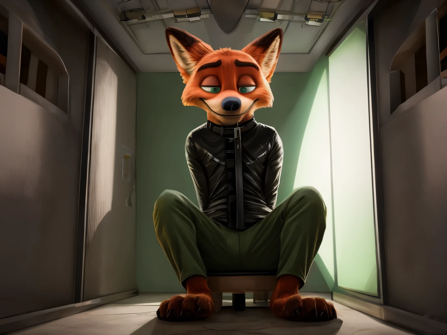 In a dark and eerie asylum, a hypnotized Nick Wilde sits imprisoned in a padded cell, legs stretched out in front of him, his bare feet and detailed paws with pawpads and short claws visible as he struggles against the confines of a black straitjacket. A gag in his mouth silences his cries for help as he looks up, his eyes full of green hypnotic light. The only sound in the room is the soft rustling of his long hospital pants as he tries to break free.