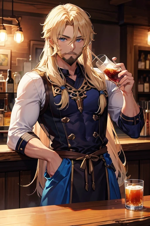 A muscular blonde haired male viking with blue eyes with long hair and a dark beard is drinking at the bar