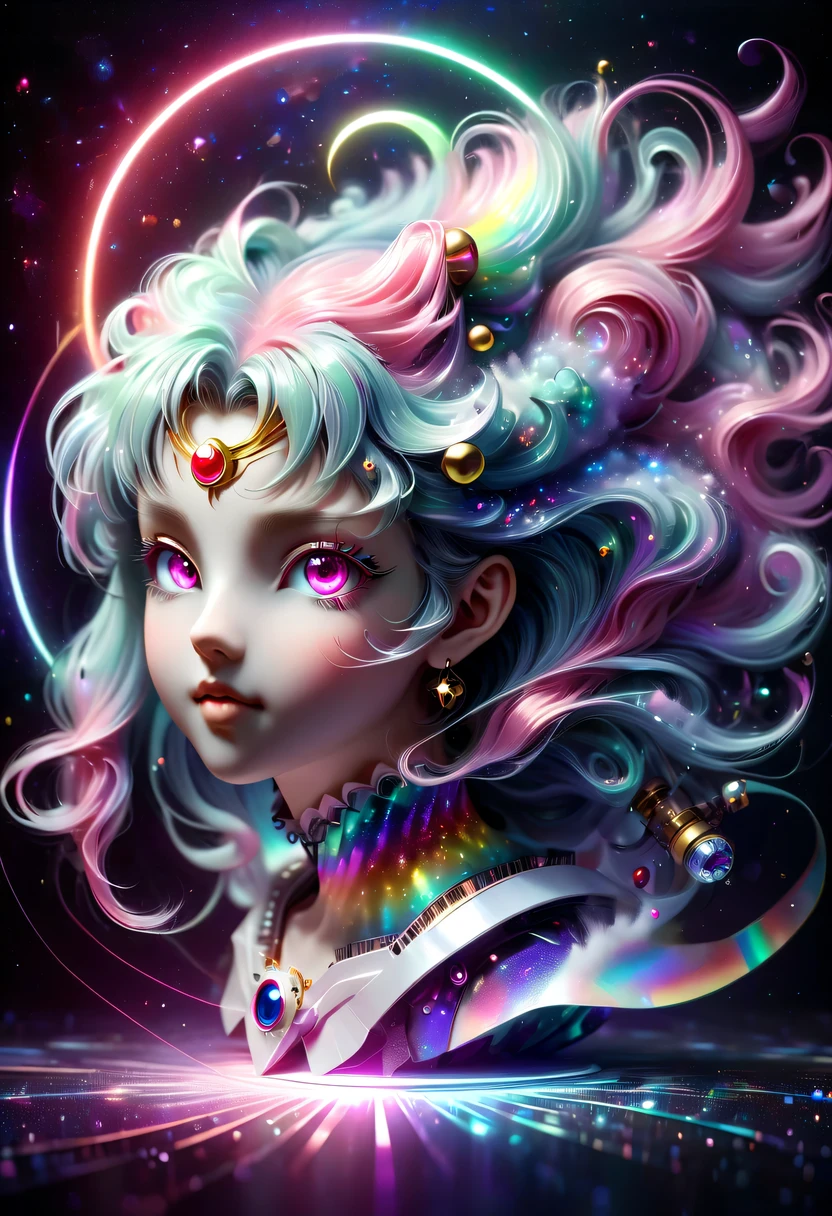 two-dimensional,A super cute &Quote;Sailor Moon&Quote;(Sailor Moon),mini pictures,Beautiful slim girl in anime style,cyberpunk,Steampunk,fault art,Holographic projection,mechanical aesthetics,Ancient,neon lights,laser light,fluorescence,space light,glow effect,Hermaphrodite Lighting,rainbow foil,Unreal Engine,Deep hybrid minimalism/极繁two-dimensional点画风格,Realistic oil painting/watercolor style,Cute and happy expression,Holographic specimen with layered shading,Hazy ruby and opal kaleidoscope on onyx background,Diffuse ionosphere,Vibrant iridescent contrasting colors,inspired by Edgar Degas、Vermeer、a lot of、莫奈等大师的masterpiece,neon lights复合体、money、uranium、Tin magnet layer details。HD clarity,masterpiece,Extra large round monochrome eyes,whole body,Big head doll,Front view,cute aesthetic,rich background,Rich in details。
