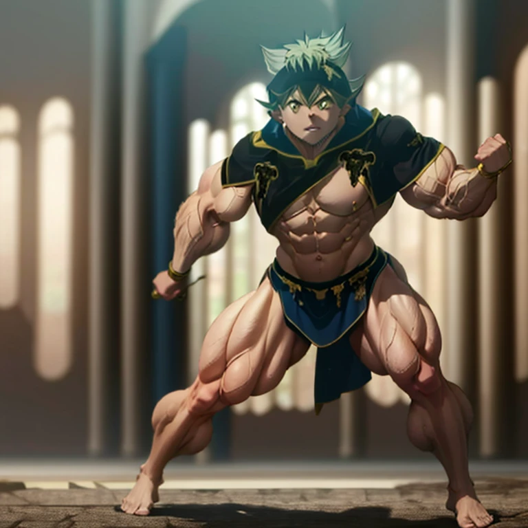 Anime, High quality full body image of asta as a bodybuilder in a tight thong, ohne Schuhe, Feet, bare Feet, massive muscular body, huge muscular shoulders, Massive big biceps, Venen im Bizeps, Muskelbeine, massive muscular abs, Bizepsflex. posierend, er schwitzt, very muscular, The toned body shines in the spotlight,  on a stage and shows off his muscles , a lot of muscular