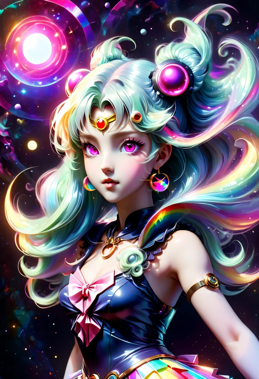 two-dimensional，A super cute &Quote;Sailor Moon&Quote;（Sailor Moon），mini pictures，Beautiful slim girl in anime style，cyberpunk，Steampunk，fault art，Holographic projection，mechanical aesthetics，Ancient，neon lights，laser light，fluorescence，space light，glow effect，Hermaphrodite Lighting，rainbow foil，Unreal Engine，Deep hybrid minimalism/极繁two-dimensional点画风格，Realistic oil painting/watercolor style，Cute and happy expression，Holographic specimen with layered shading，Hazy ruby and opal kaleidoscope on onyx background，Diffuse ionosphere，Vibrant iridescent contrasting colors，inspired by Edgar Degas、Vermeer、a lot of、莫奈等大师的masterpiece，neon lights复合体、money、uranium、Tin magnet layer details。HD clarity，masterpiece，Extra large round monochrome eyes，whole body，Big head doll，Front view，cute aesthetic，rich background，Rich in details。