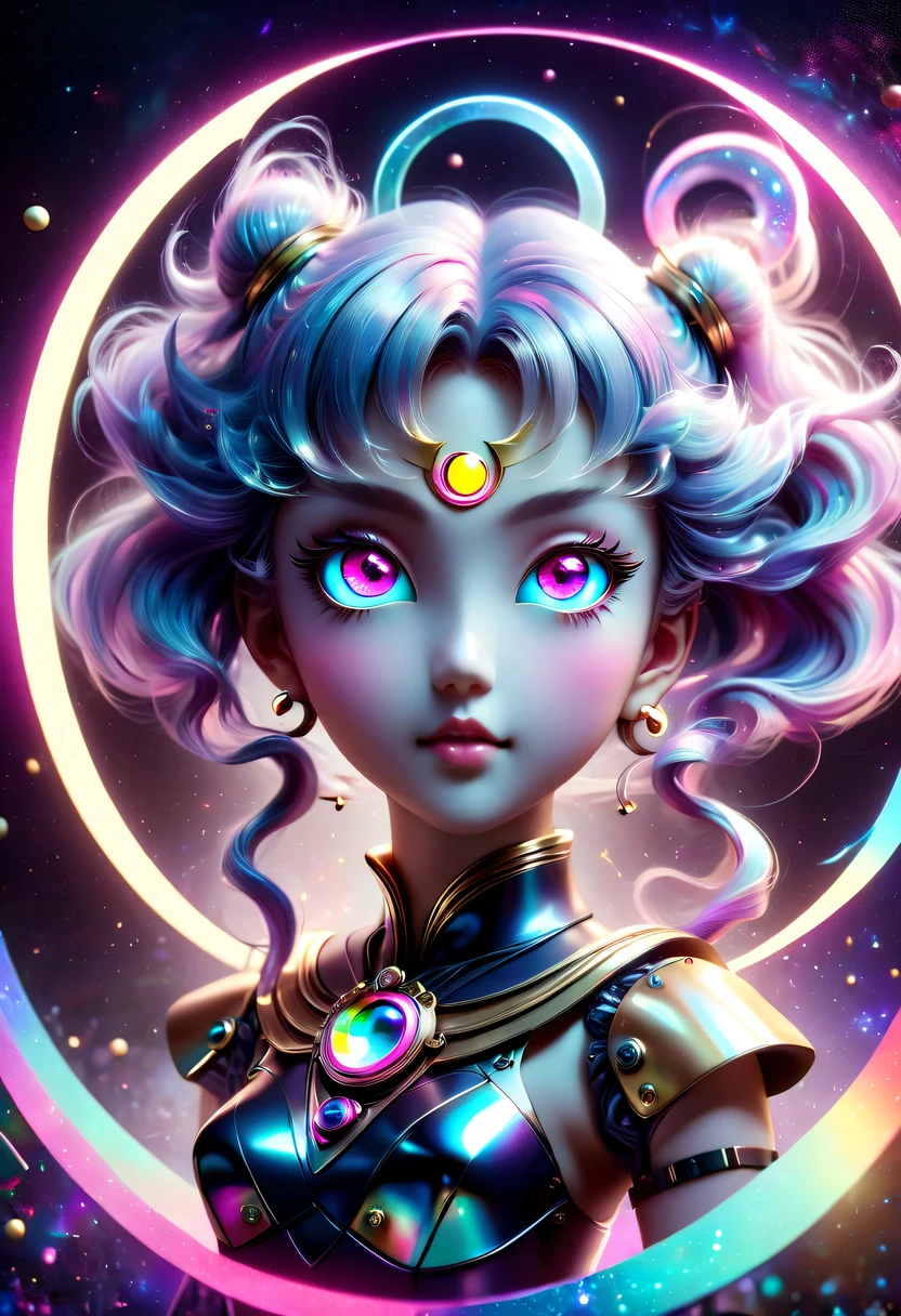 two-dimensional，A super cute &Quote;Sailor Moon&Quote;（Sailor Moon），mini pictures，Beautiful slim girl in anime style，cyberpunk，Steampunk，fault art，Holographic projection，mechanical aesthetics，Ancient，neon lights，laser light，fluorescence，space light，glow effect，Hermaphrodite Lighting，rainbow foil，Unreal Engine，Deep hybrid minimalism/极繁two-dimensional点画风格，Realistic oil painting/watercolor style，Cute and happy expression，Holographic specimen with layered shading，Hazy ruby and opal kaleidoscope on onyx background，Diffuse ionosphere，Vibrant iridescent contrasting colors，inspired by Edgar Degas、Vermeer、a lot of、莫奈等大师的masterpiece，neon lights复合体、money、uranium、Tin magnet layer details。HD clarity，masterpiece，Extra large round monochrome eyes，whole body，Big head doll，Front view，cute aesthetic，rich background，Rich in details。