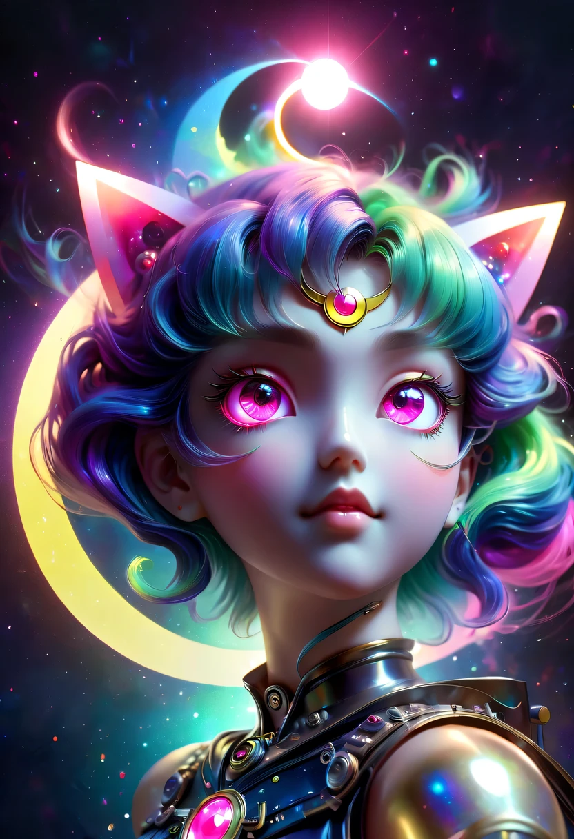 two-dimensional,A super cute &Quote;Sailor Moon&Quote;(Sailor Moon),mini pictures,Beautiful slim girl in anime style,cyberpunk,Steampunk,fault art,Holographic projection,mechanical aesthetics,Ancient,neon lights,laser light,fluorescence,space light,glow effect,Hermaphrodite Lighting,rainbow foil,Unreal Engine,Deep hybrid minimalism/极繁two-dimensional点画风格,Realistic oil painting/watercolor style,Cute and happy expression,Holographic specimen with layered shading,Hazy ruby and opal kaleidoscope on onyx background,Diffuse ionosphere,Vibrant iridescent contrasting colors,inspired by Edgar Degas、Vermeer、a lot of、莫奈等大师的masterpiece,neon lights复合体、money、uranium、Tin magnet layer details。HD clarity,masterpiece,Extra large round monochrome eyes,whole body,Big head doll,Front view,cute aesthetic,rich background,Rich in details。