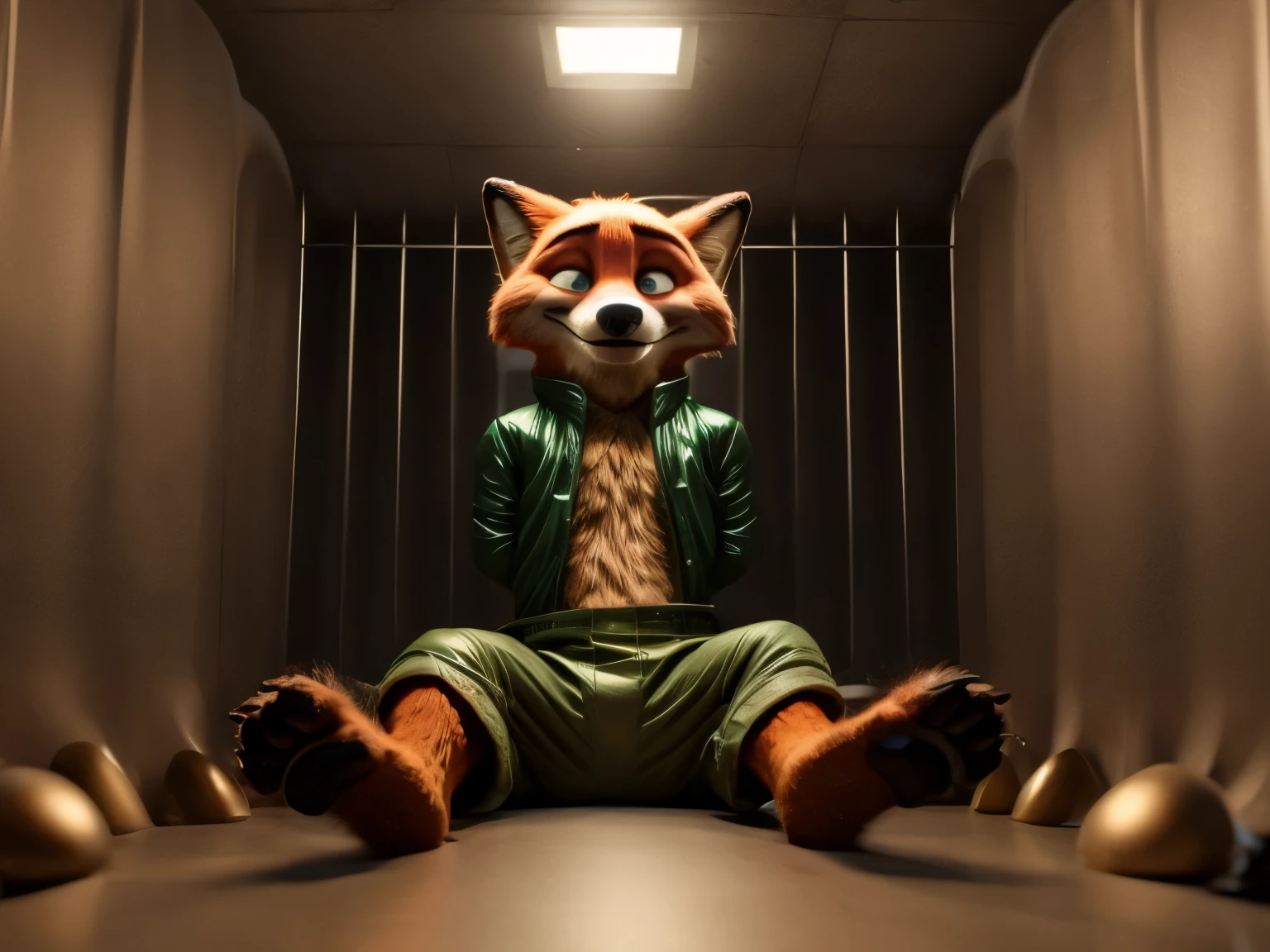 In a dark and eerie asylum, a hypnotized Nick Wilde sits imprisoned in a padded cell, legs stretched out in front of him, his bare feet and detailed paws with pawpads and short claws visible as he struggles against the confines of a black straitjacket. A gag in his mouth silences his cries for help as he looks up, his eyes full of green hypnotic light. The only sound in the room is the soft rustling of his long hospital pants as he tries to break free.