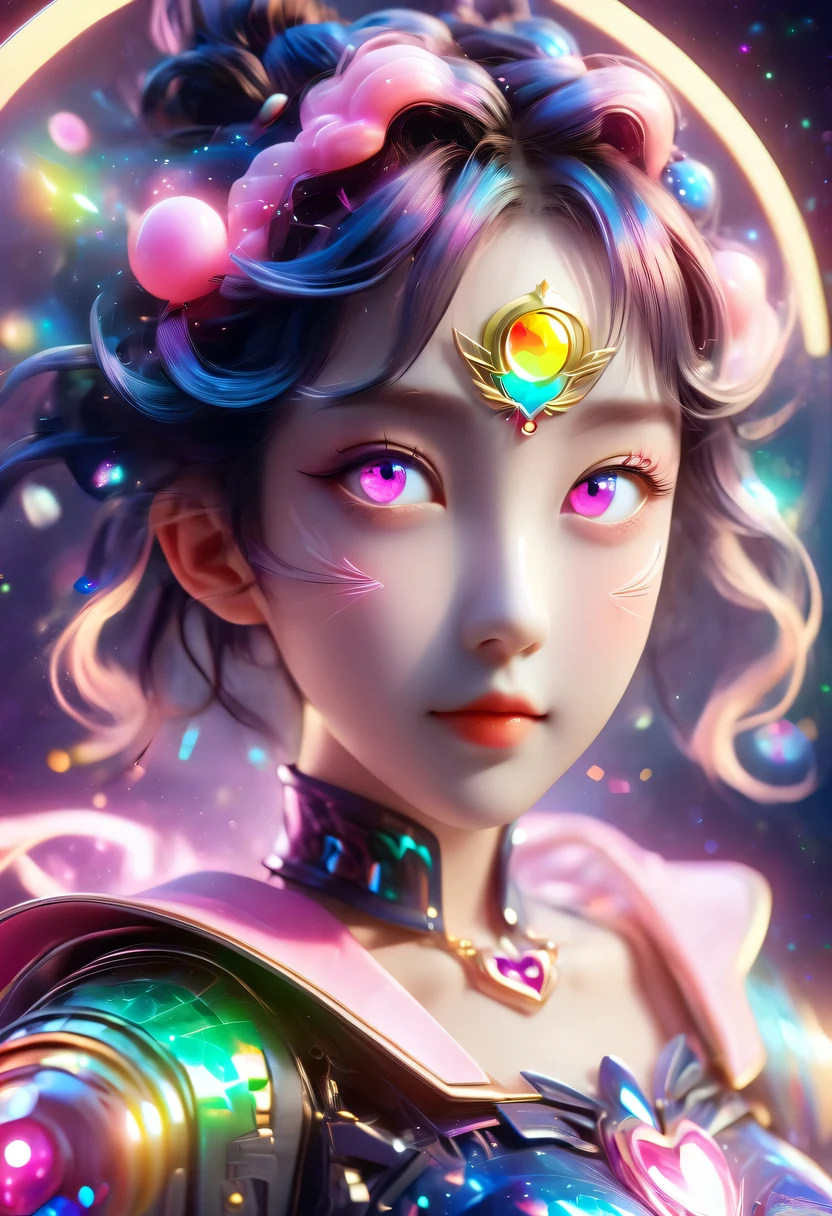 two-dimensional,A super cute &Quote;Sailor Moon&Quote;(Sailor Moon),mini pictures,Beautiful slim girl in anime style,cyberpunk,Steampunk,fault art,Holographic projection,mechanical aesthetics,Ancient,neon lights,laser light,fluorescence,space light,glow effect,Hermaphrodite Lighting,rainbow foil,Unreal Engine,Deep hybrid minimalism/极繁two-dimensional点画风格,Realistic oil painting/watercolor style,Cute and happy expression,Holographic specimen with layered shading,Hazy ruby and opal kaleidoscope on onyx background,Diffuse ionosphere,Vibrant iridescent contrasting colors,inspired by Edgar Degas、Vermeer、a lot of、莫奈等大师的masterpiece,neon lights复合体、money、uranium、Tin magnet layer details。HD clarity,masterpiece,Extra large round monochrome eyes,whole body,Big head doll,Front view,cute aesthetic,rich background,Rich in details。