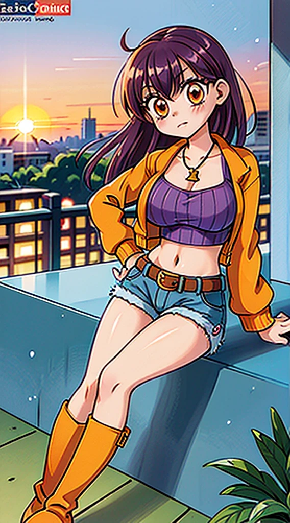(masterpiece), high-definition, vibrant colors, korean girl, big boobs, big hips, messy dark purple hair, orange eyes, crop top sweater, jacket, shorts, belt, thong, thigh high stockings, boots, fishnet, balcony, leaning on the railing, sunset