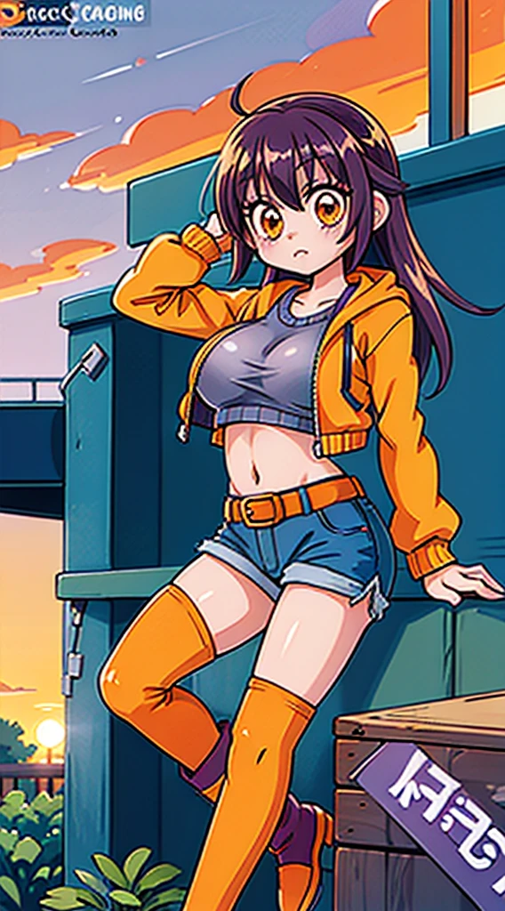 (masterpiece), high-definition, vibrant colors, korean girl, big boobs, big hips, messy dark purple hair, orange eyes, crop top sweater, jacket, shorts, belt, thong, thigh high stockings, boots, fishnet, balcony, leaning on the railing, sunset