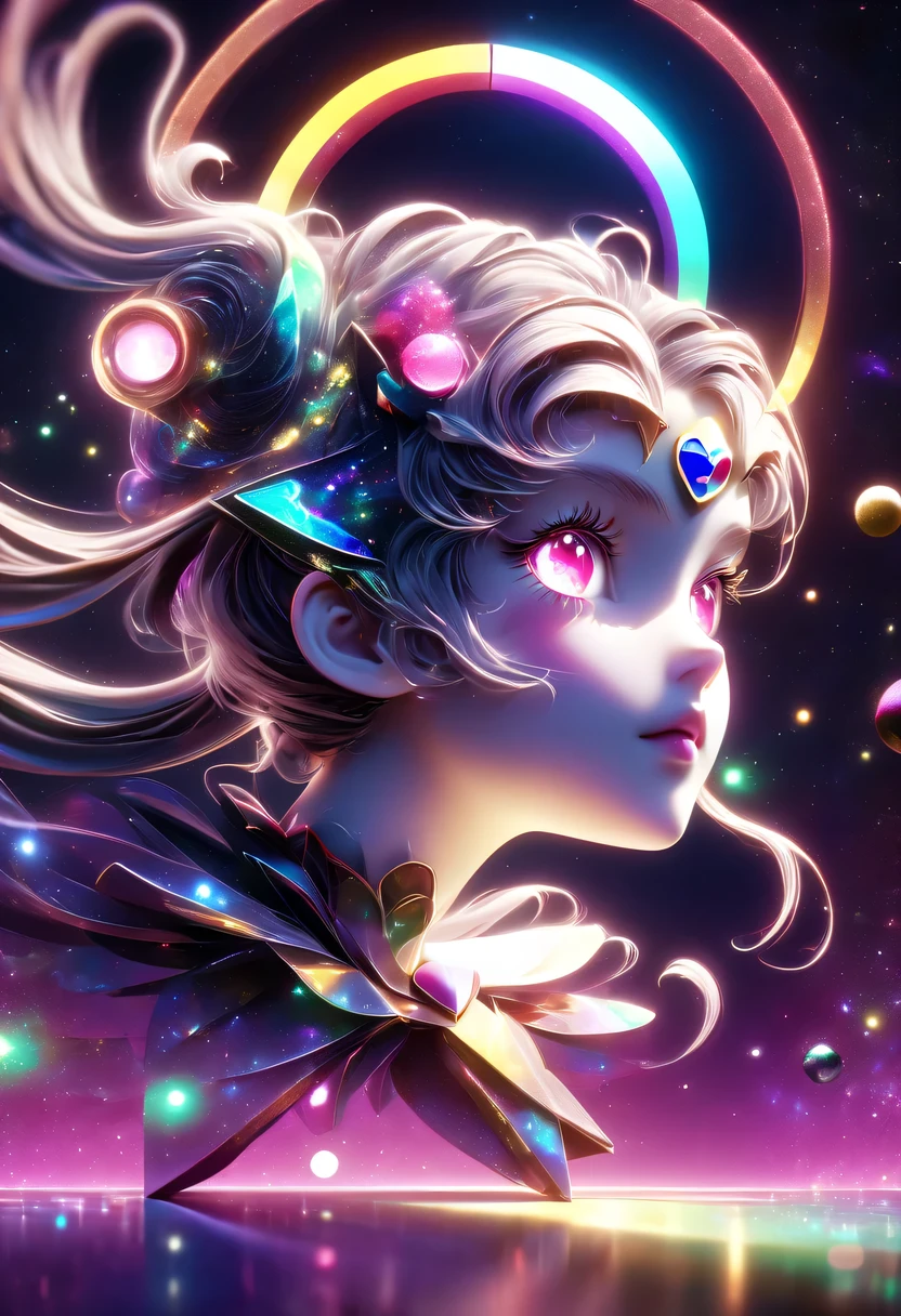 two-dimensional,A super cute &Quote;Sailor Moon&Quote;(Sailor Moon),mini pictures,Beautiful slim girl in anime style,cyberpunk,Steampunk,fault art,Holographic projection,mechanical aesthetics,Ancient,neon lights,laser light,fluorescence,space light,glow effect,Hermaphrodite Lighting,rainbow foil,Unreal Engine,Deep hybrid minimalism/极繁two-dimensional点画风格,Realistic oil painting/watercolor style,Cute and happy expression,Holographic specimen with layered shading,Hazy ruby and opal kaleidoscope on onyx background,Diffuse ionosphere,Vibrant iridescent contrasting colors,inspired by Edgar Degas、Vermeer、a lot of、莫奈等大师的masterpiece,neon lights复合体、money、uranium、Tin magnet layer details。HD clarity,masterpiece,Extra large round monochrome eyes,whole body,Big head doll,Front view,cute aesthetic,rich background,Rich in details。
