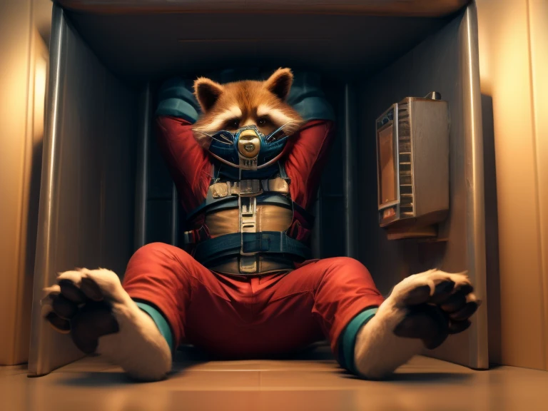 In a dark and eerie asylum, a hypnotized Rocket Racoon (MCU version) sits imprisoned in a padded cell, legs stretched out in front of him, his bare feet and detailed paws with pawpads and short claws visible as he struggles against the confines of a black straitjacket. A gag in his mouth silences his cries for help as he looks up, his eyes full of green hypnotic light. The only sound in the room is the soft rustling of his long hospital pants as he tries to break free.