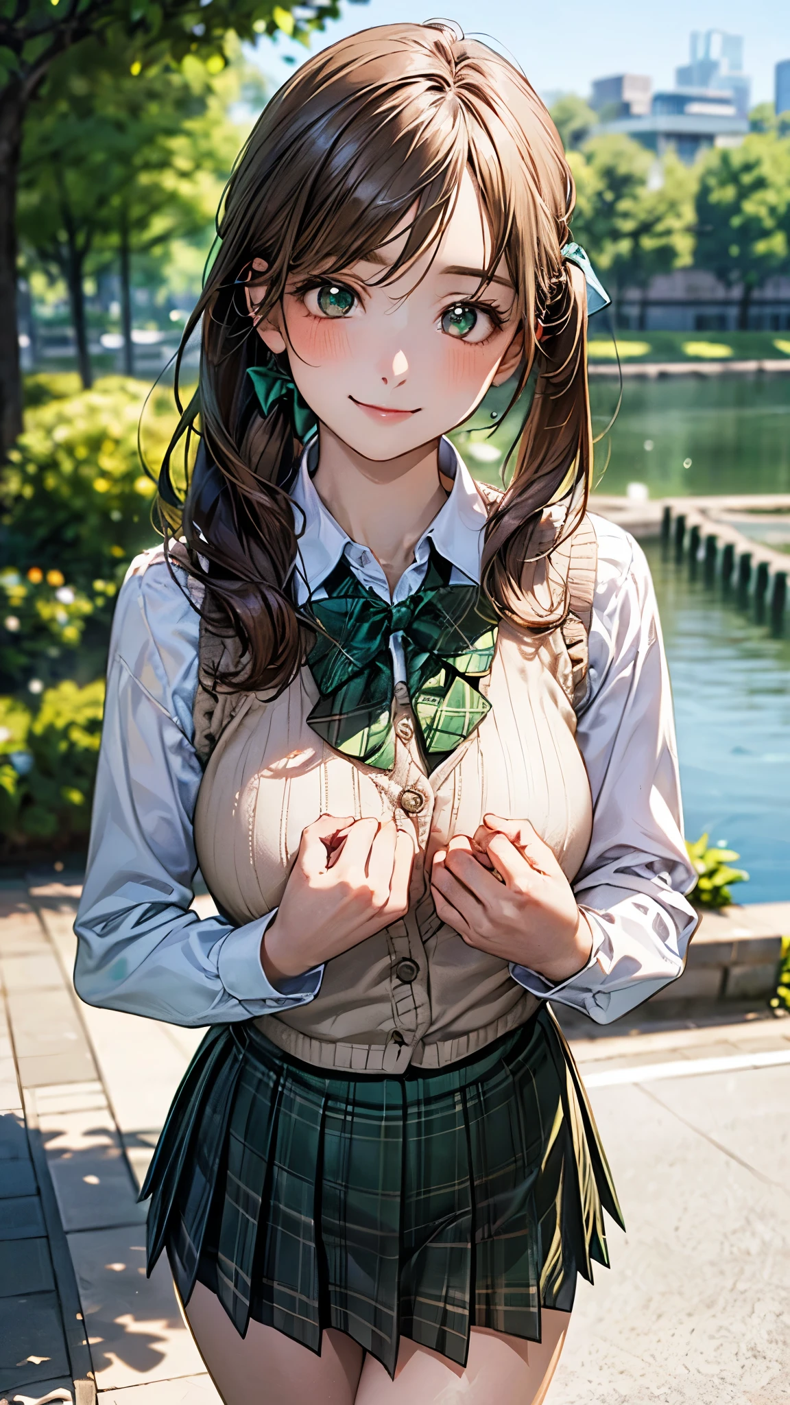 (masterpiece:1.2, top-quality), (realistic, photorealistic:1.4), beautiful illustration, (natural side lighting, movie lighting),
looking at viewer, cowboy shot, front view:0.6, 1 girl, japanese, high school girl, perfect face, cute and symmetrical face, shiny skin,
(middle hair:1.5, side ponytail:1.4, sidelocks, light brown hair), parted bangs, emerald green eyes, long eye lasher, (large breasts:0.9, thick thighs),
beautiful hair, beautiful face, beautiful detailed eyes, beautiful clavicle, beautiful body, beautiful chest, beautiful thigh, beautiful legs, beautiful fingers,
((light blue long sleeve collared shirts, blue plaid pleated mini skirt, socks, brown loafers, emerald green bow tie, beige sleeveless knitted vest)), pink panties,
(beautiful scenery), evening, riverside, walking, hands on chest, (lovely smile, upper eyes),